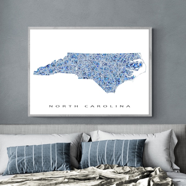 North Carolina Map Print and North Carolina Wall Art Poster, Blue Geometric NC Map Wall Decor, North Carolina Art Prints