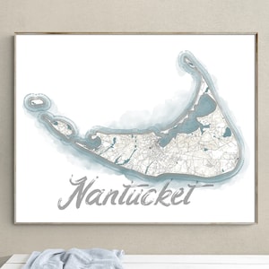 Nantucket Karte, Wand Kunst Druck, blass Blau Aquarell Style Küsten Dekor Design, Konturkarten