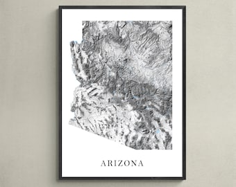 Mapa de Arizona de Arizona Art Print, Arizona Wall Art Prints, Decoración topográfica de la pared de Arizona en blanco y negro, Phoenix