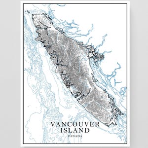 Affiche impression art ligne île de Vancouver, carte topographique de l'île de Vancouver, Colombie-Britannique, Canada, décor côtier, cartes du terrain, Victoria Tofino