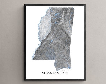 Mississippi Print, Mississippi Map Art Prints, Black and White Topographic Mississippi State Map Print, Mississippi Poster