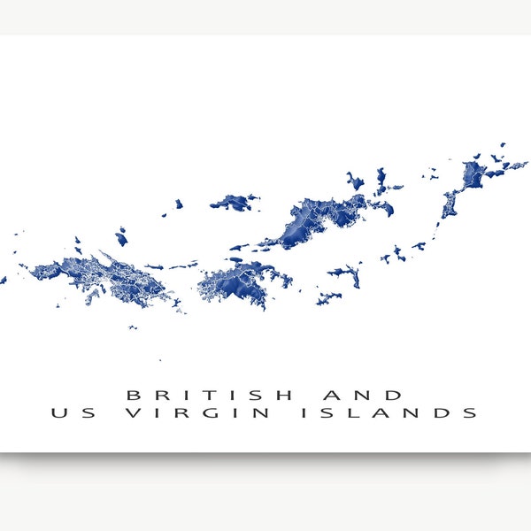 Kaartafdruk van de Amerikaanse Maagdeneilanden en de Britse Maagdeneilanden en 3D-kaartkunstwerk met wegen voor Caribische reisgeschenken