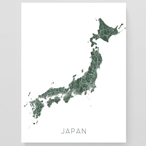 Japan Map Wall Art Print Poster, Topographic Terrain Landscape Road Maps in Blue Green or Grey, Tokyo Kyoto Osaka