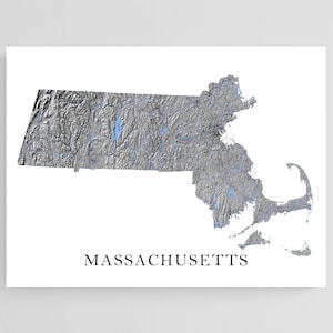 Massachusetts State Map: Black and White Landscape Wall Art Print or Poster