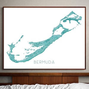 Bermuda Map Wandkunst Druck mit 3D Topographischen Türkisen Design, Bermuda Poster Island Straßenkarten, Nordatlantik