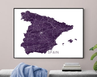 Spain Map Print Poster, Custom 3D Topographic Country Terrain Map of Spain Wall Art Prints, Europe Barcelona Madrid Ibiza Mallorca