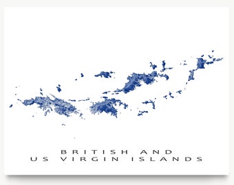 US Virgin Islands and British Virgin Islands Map Print and 3D Map Artwork with Roads for Caribbean Travel Gifts