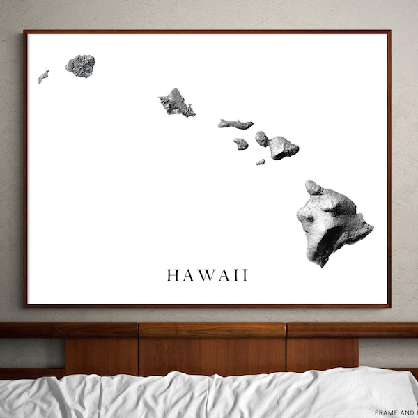Hawaii State Map Print Poster, Black and White Hawaiian Islands Wall Art Prints, Hawaii Maui Oahu Kauai Molokai Lanai Niihau Kahoolawe USA