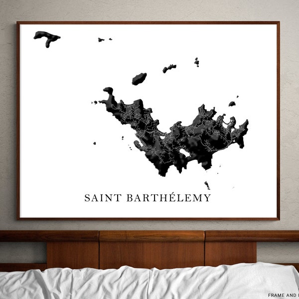 St Barts Map Print Poster, Saint-Barthelemy Wall Art Prints, 3D Topographic Terrain Black and White Prints, St Barths Caribbean Island Maps