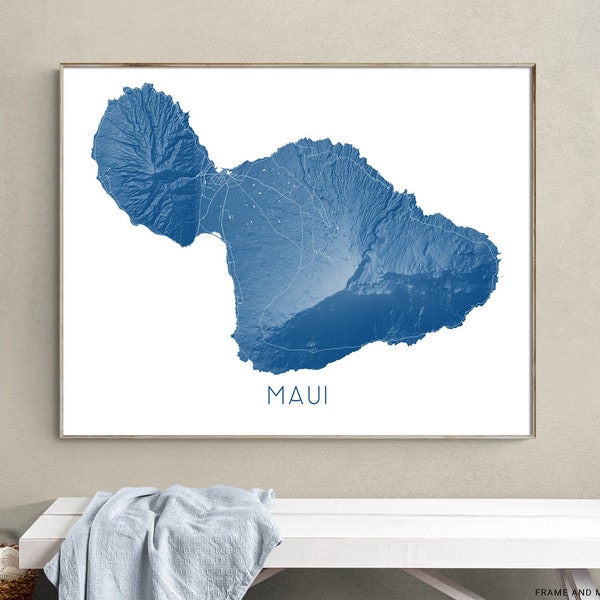 Maui Map Wall Art Poster Print, Topographic Map of Maui Hawaii Island, Lahaina Town Haleakala Kahului Kihei Wailuku Wailea Hana Highway