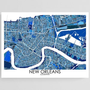 New Orleans Karte Print Poster mit blauem geometrischem abstraktem Wandkunst-Design, Louisiana Stadtkarten