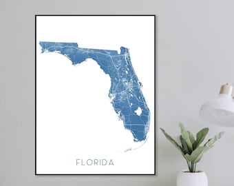 Map of Florida Map Print, Florida Prints, Florida State Map for Wall Art Decor, Blue Topographic FL State Maps