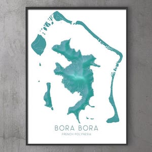 Affiche imprimée de carte de Bora Bora, impressions d'art mural de l'île de Polynésie française, cartes routières de paysage topographique turquoise tropical, Vaitape