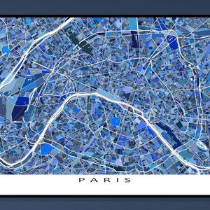 Poster Impression de Paris et carte de Paris pour des impressions d'art murales géométriques bleues de Paris et des plans de Paris, France, cadeaux de voyage