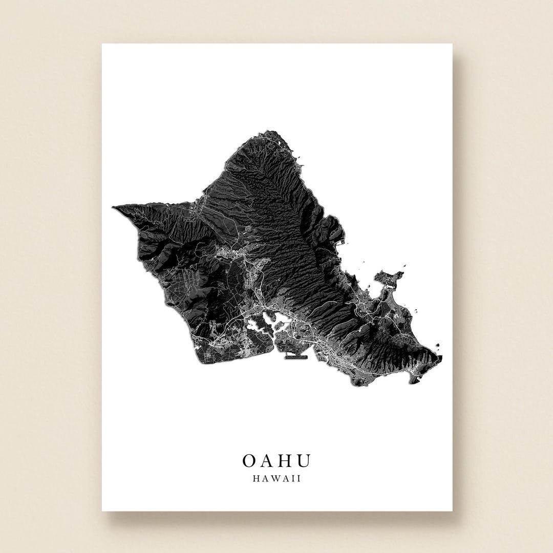 Oahu Wall Art Print, Black White Hawaii Island Topographic Map Poster ...