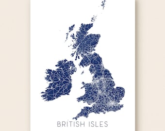 British Isles Topographic Map Wall Art Print, UK England Ireland