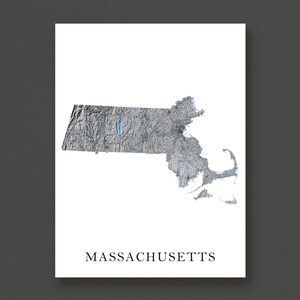 May include: A detailed topographical map of Massachusetts, rendered in shades of gray and blue, is displayed on a white background. The state's outline is prominent, with the word "MASSACHUSETTS" printed in a clean font below the map.
