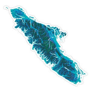 May include: A sticker featuring a topographical map of a landmass, rendered in shades of blue and green. The map shows detailed elevation changes with a white border, creating a 3D effect. The overall shape is elongated.