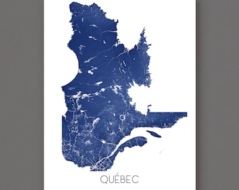 Quebec Art Print, Quebec Map of Quebec Canada Topographic Province Road Maps, Quebec Wall Decor, Quebec City Montreal
