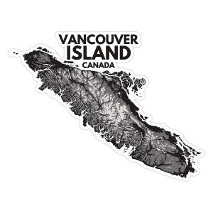 May include: A black and white sticker featuring a detailed map of Vancouver Island, Canada. The text "VANCOUVER ISLAND CANADA" is printed in a bold, sans-serif font above the map. The map shows the island's topography.