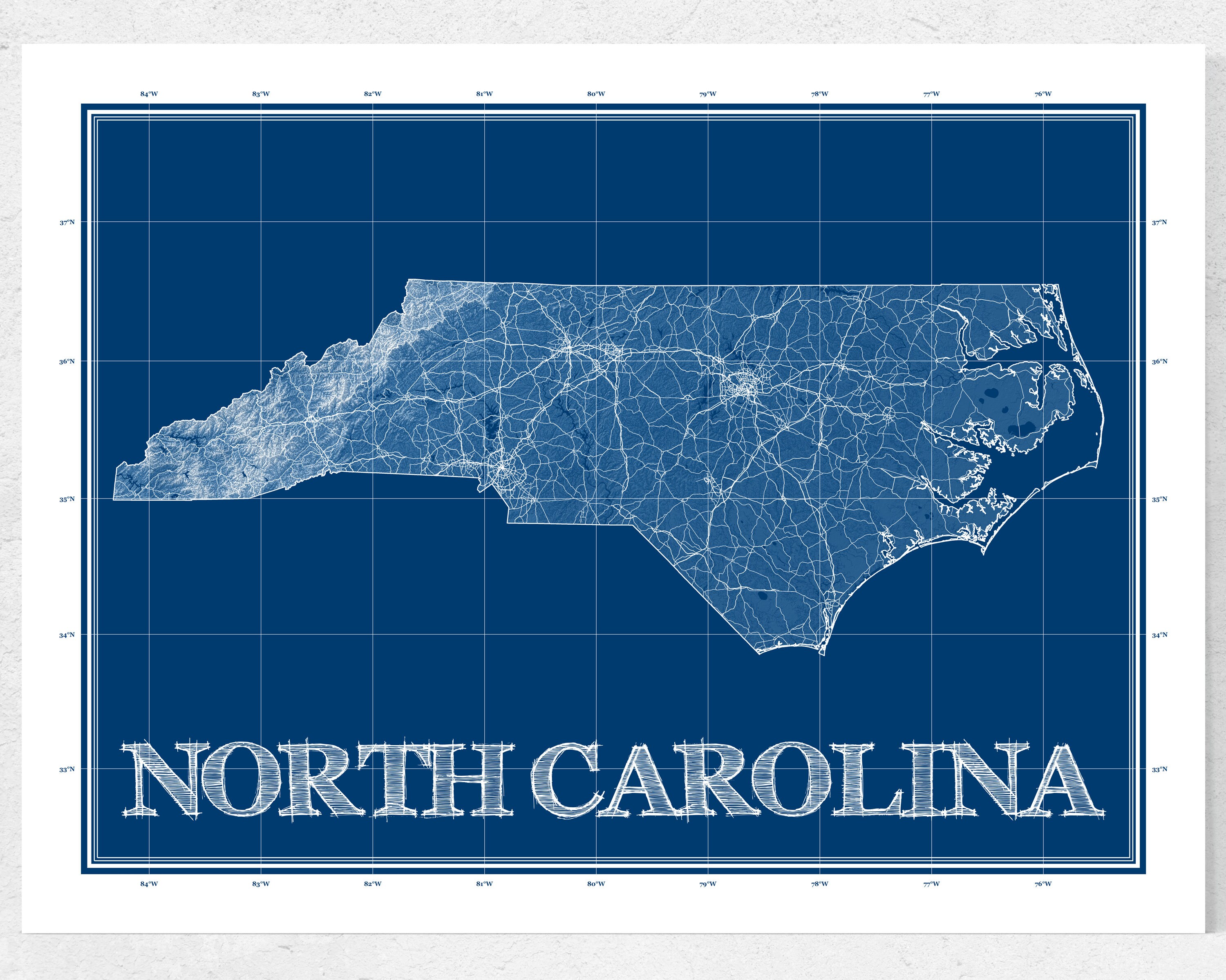 North Carolina Map Print Blueprint Map of North Carolina Art - Etsy