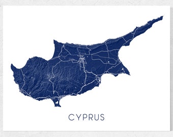 Cyprus Map of Cyprus Country Map, Blue Cypress Wall Art Print with Topographic Maps for Cyprus Gifts Travel Maps