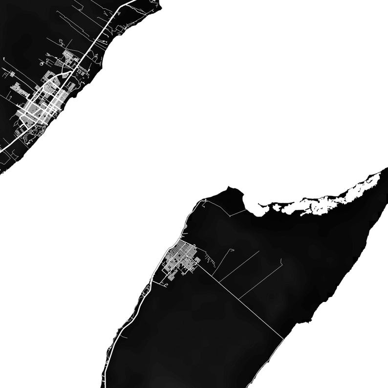May include: Black and white abstract map art print. The print features two landmasses with detailed city layouts and road networks. The design is minimalist, with a focus on the contrast between the black land and white background.