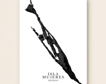 イスラ・ムヘレス地形図プリント、白黒メキシコ壁掛けアート、ユカタン島ポスター