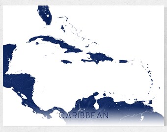 Caribbean Map of the Caribbean Wall Art Print, Tropical Island Beach Decor, Jamaica, Dominican, US Virgin Islands, Puerto Rico