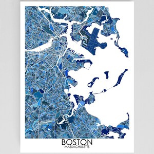 Boston Map Print Poster, Boston Wall Art with Blue Geometric Design, Massachusetts City Maps