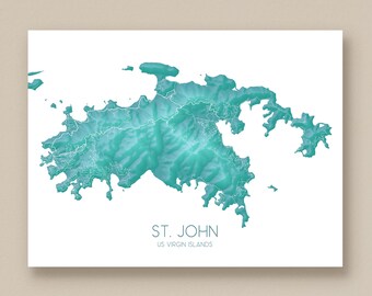 St John USVI Map Art Print, St John Map of St John US Virgin Islands Prints, Turquoise Saint John Island of St John Maps, St John Wall Art