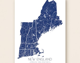 May include: A navy blue and white map print of the New England region of the United States. The map highlights the states of Connecticut, Maine, Massachusetts, New Hampshire, Rhode Island, and Vermont. The text "NEW ENGLAND" is displayed below the map.