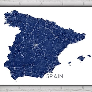 スペイン地図プリント、スペインプリント、スペイン壁アート、家の壁装飾、地形図付きスペイン旅行ポスター国地図（道路付き）