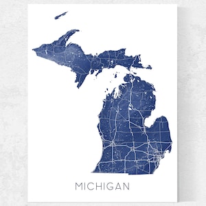 Michigan Print Map and Michigan Art Prints with Michigan State MI Roads for Michigan Gifts