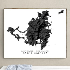 Affiche impression carte de l'île Saint-Martin, carte topographique noir et blanc de Saint-Martin, impression d'art mural, cartes des îles des Caraïbes