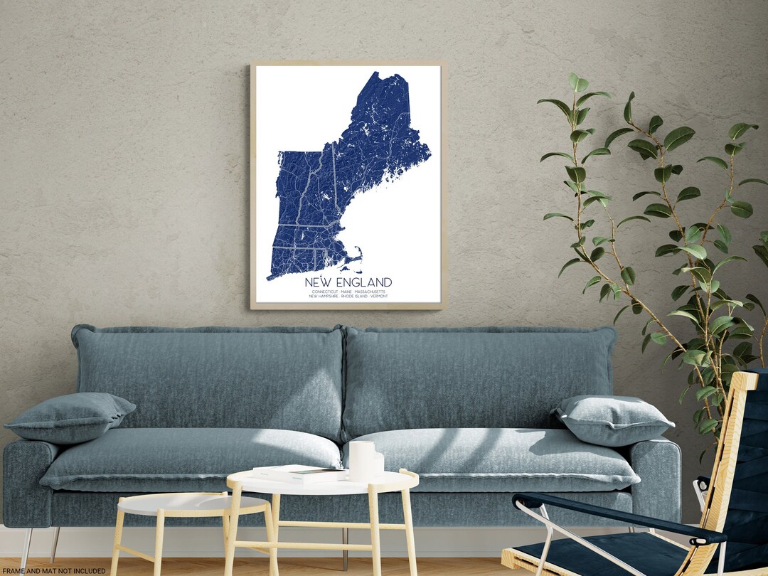 New England Map Print, Blue 3D Topographic Terrain Artwork, New England