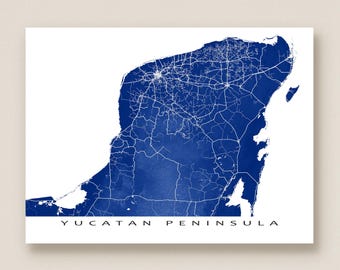 Yucatan Map Print Poster and Playa Del Carmen Wall Art Prints, Mayan Riviera Mexico, Cancun, Merida, Street and Road Maps