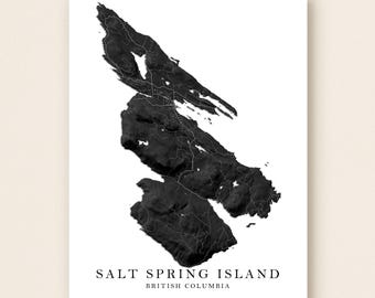 Salt Spring Island BC Topographic Map Print, Black White Wall Art Poster