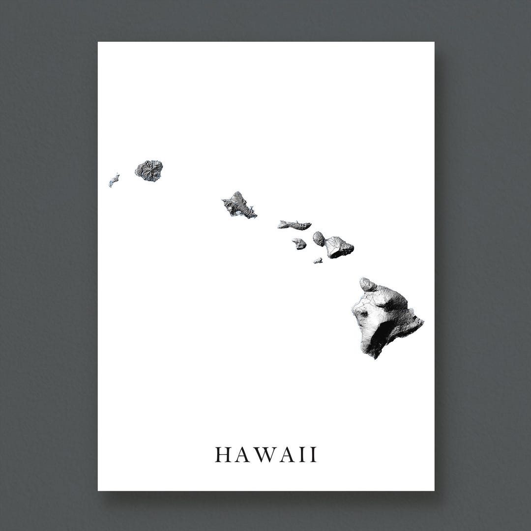 Hawaii Wall Art Print, Black and White Hawaiian Islands Map Poster ...