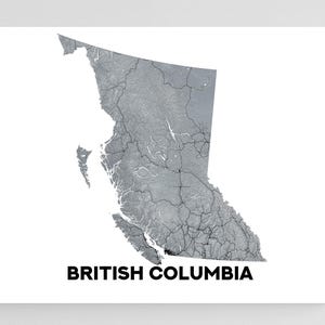 British Columbia Wall Art Map of BC Canada with Landscape Topographic Poster Print Design, Vancouver Victoria Kelowna Okanagan