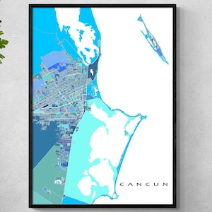 Cancun Mexiko Stadt Karte Wand Kunst Druck Poster, Blau Grün Türkis Aqua Geometrische Strassenkarten, Insel Isla Mujeres, Yucatan Urlaub