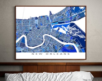 New Orleans Map Wall Art Print Poster, Blue Geometric Map of New Orleans Louisiana City Road Grid Maps, Bourbon Street French Quarter