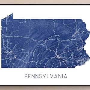 Affiche impression carte Pennsylvanie, carte topographique de l'état de la Pennsylvanie, impressions d'art mural, cartes routières PA USA, Pittsburgh Philadelphie Allentown