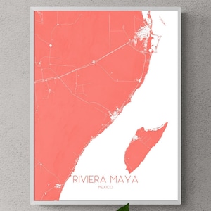 May include: A coral pink map of Riviera Maya, Mexico, with white lines showing roads and coastline. The text "Riviera Maya, Mexico" is printed in white at the bottom of the map.