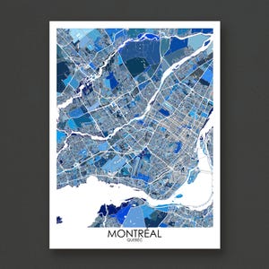 Montreal City Map Print, Modern Blue Abstract Quebec Wall Art Poster