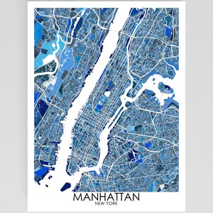 Manhattan Map Print Poster mit Blauem Geometrischem Abstraktem Kunst Design, New York City Map Print