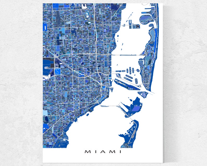 Miami, Florida city map print with a blue geometric design by Maps As Art.