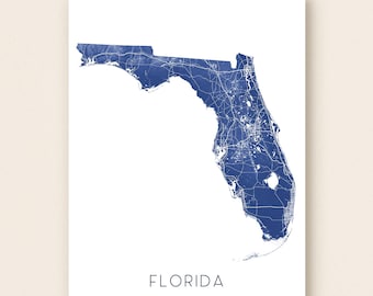 Map of Florida Map Print, Florida Prints, Florida State Map for Wall Art Decor, Blue Topographic FL State Maps