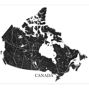 Affiche imprimée d'art mural du Canada, cartes topographiques de paysages en noir et blanc du pays du Canada avec les routes principales, les provinces, les territoires