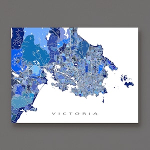 May include: A detailed map of Victoria, rendered in shades of blue, from light to dark. The city's name is printed in a simple, black font at the bottom. The map is set against a white background.